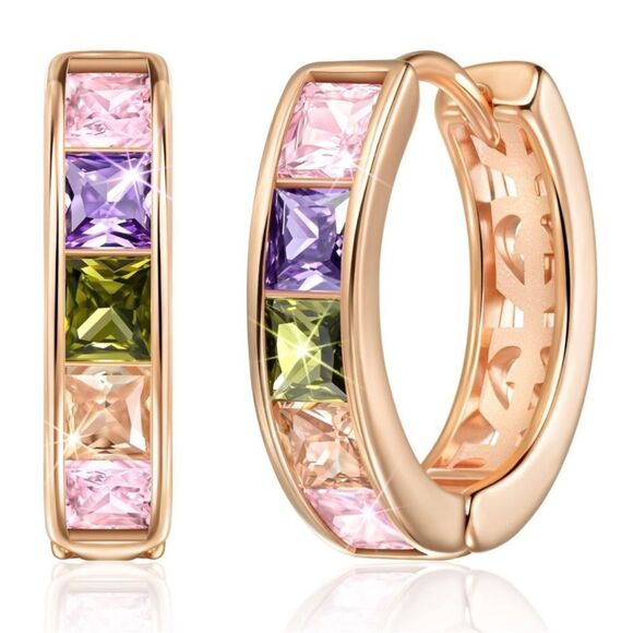 14K Rose Gold with Multicolored Cubic Zirconia Princess Cut Huggie Earrings - Picture 1 of 5